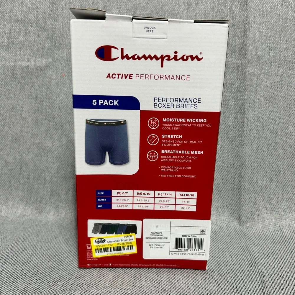 Champion Boys Performance Boxer Briefs 5 Pack Size S 6/7 Multicolor Active Mesh